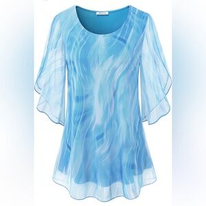 NWT-Sese Code-2X-blue wave-mesh overlay, short sleeve, slit sleeves, blouse/top